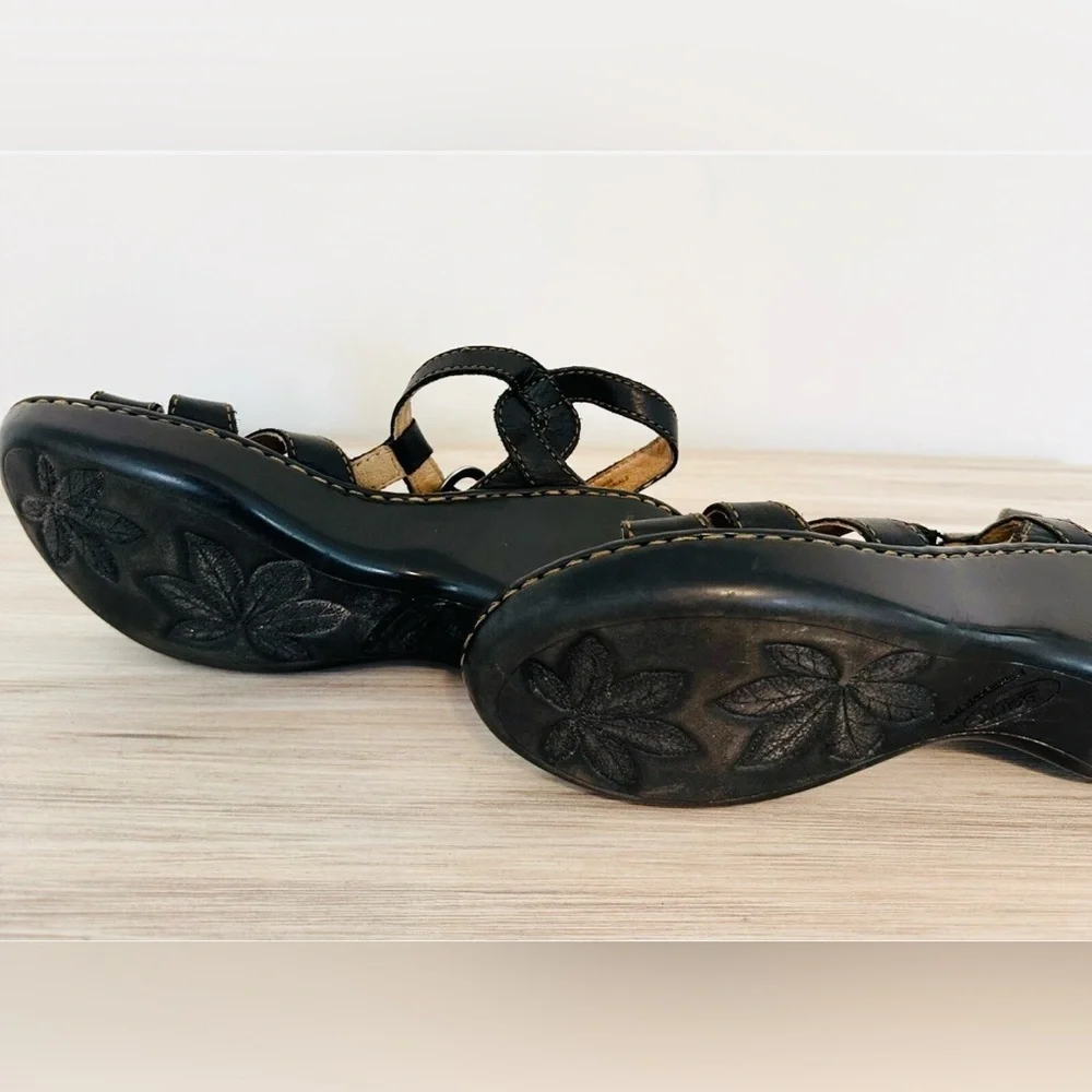 Born Women's Black Leather Strappy Sandals Comfort Wedge Shoes Size‎ 8